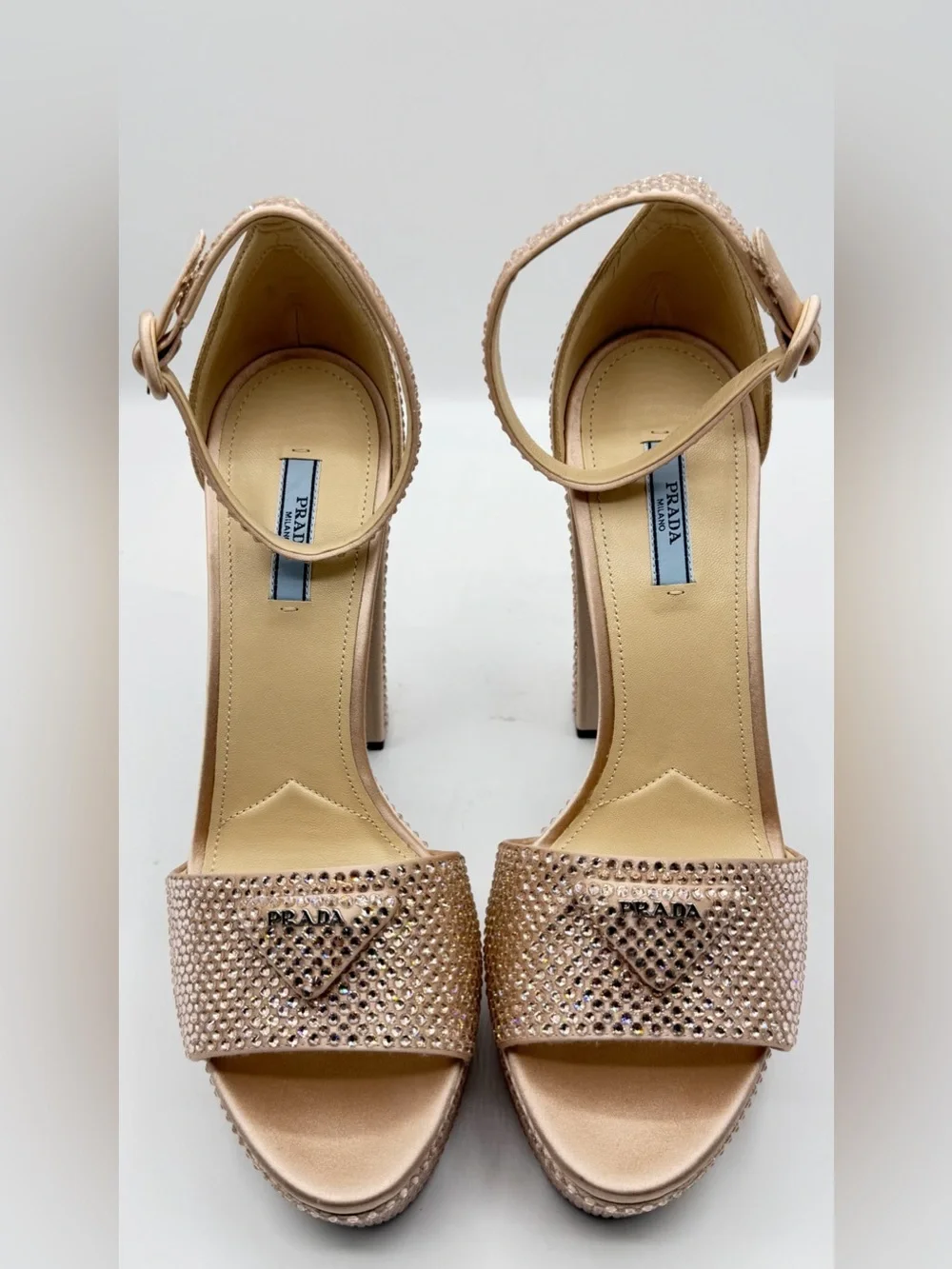 NIB Prada Crystal Rhinestone Embellished Ninfea Nude Pink Satin Platform Heels